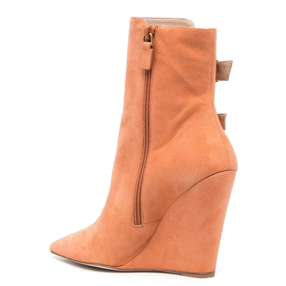 Orange suede Wedges Short boots Pointed toe Side zipper High-heeled Belt buckle Modern boots Extra large size