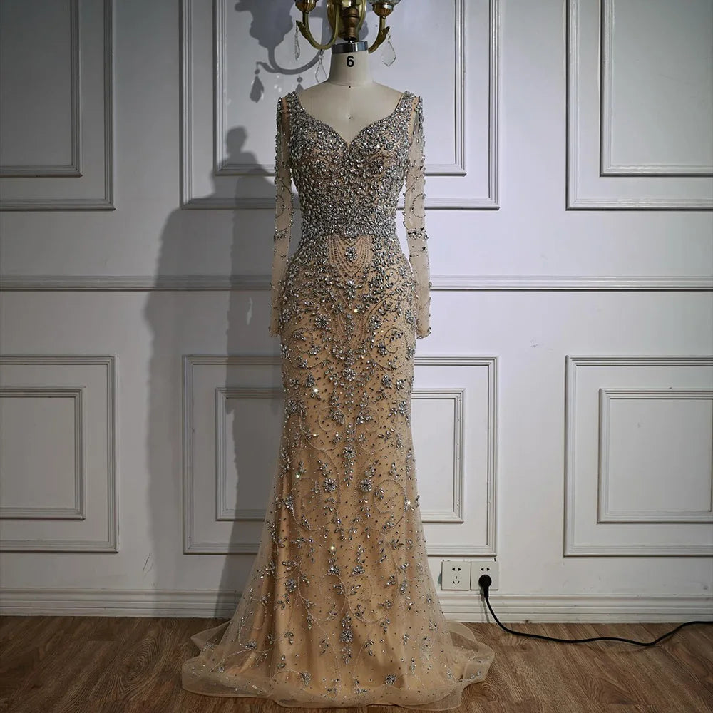 Nude Beaded Crystal Mermaid Evening Dress with Long Sleeves Designer Formal Gown Customized