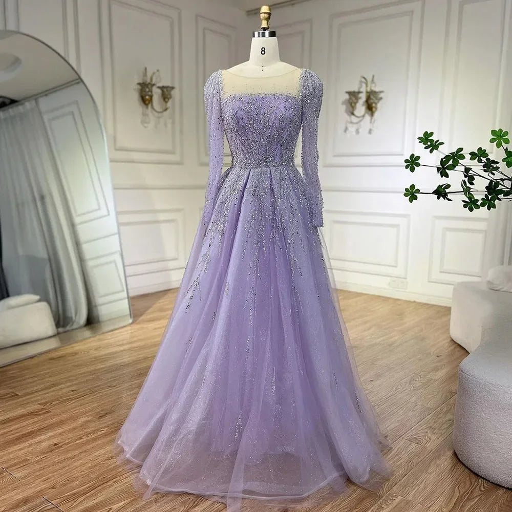 Square Neck A-Line Evening Dress with Beading – Long Sleeve Wedding Party Gown