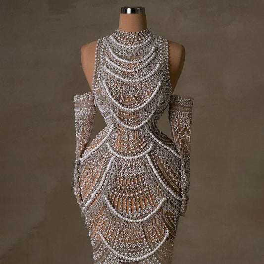 Elegant High Neck Mermaid Evening Dress with Pearls and Beading – Full Sleeve Floor-Length Gown