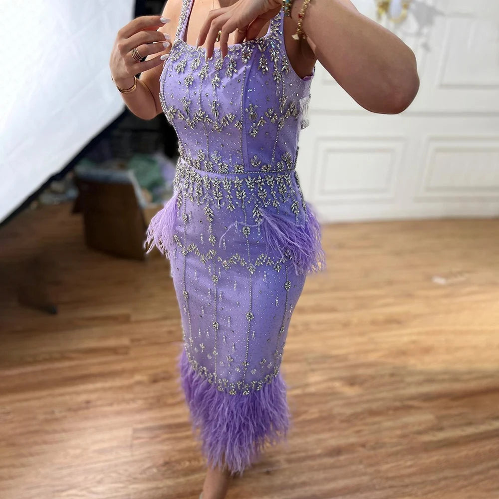 Beaded Feather Mermaid Evening Dress – Ankle-Length Sleeveless Tulle Gown