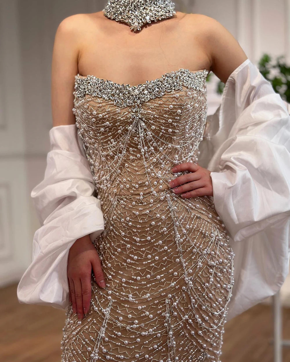 Strapless Mermaid Evening Gown with Beading and Pearls – Abstract Pattern Tulle Dress with Court Train