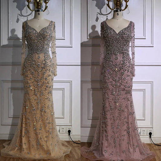 Nude Beaded Crystal Mermaid Evening Dress with Long Sleeves Designer Formal Gown Customized