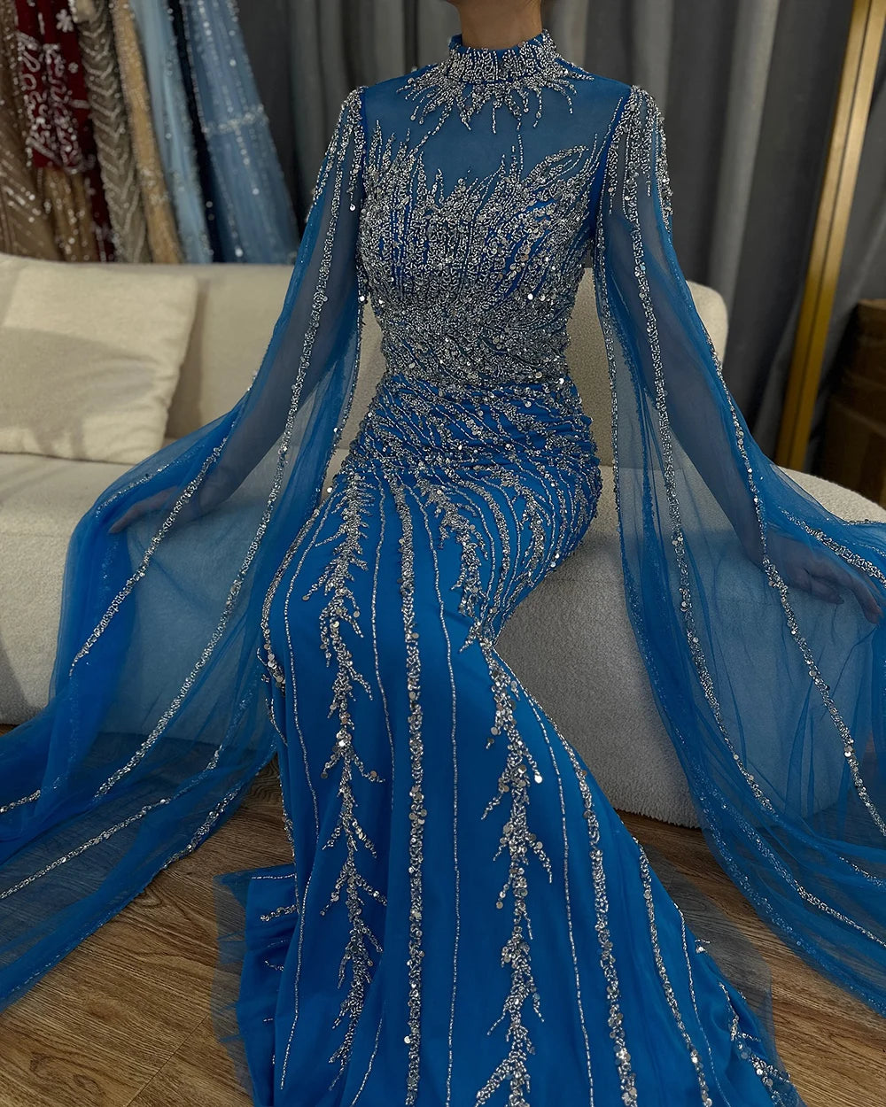 High Neck Beaded Mermaid Evening Dress with Lace – Cap Sleeve Floor-Length Gown