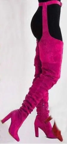 Sestito Women Sexy Side Zipper Thigh High Boots Female Belt Trousers Boots Ladies Flock Pointed Toe Suqare High Heels Boots