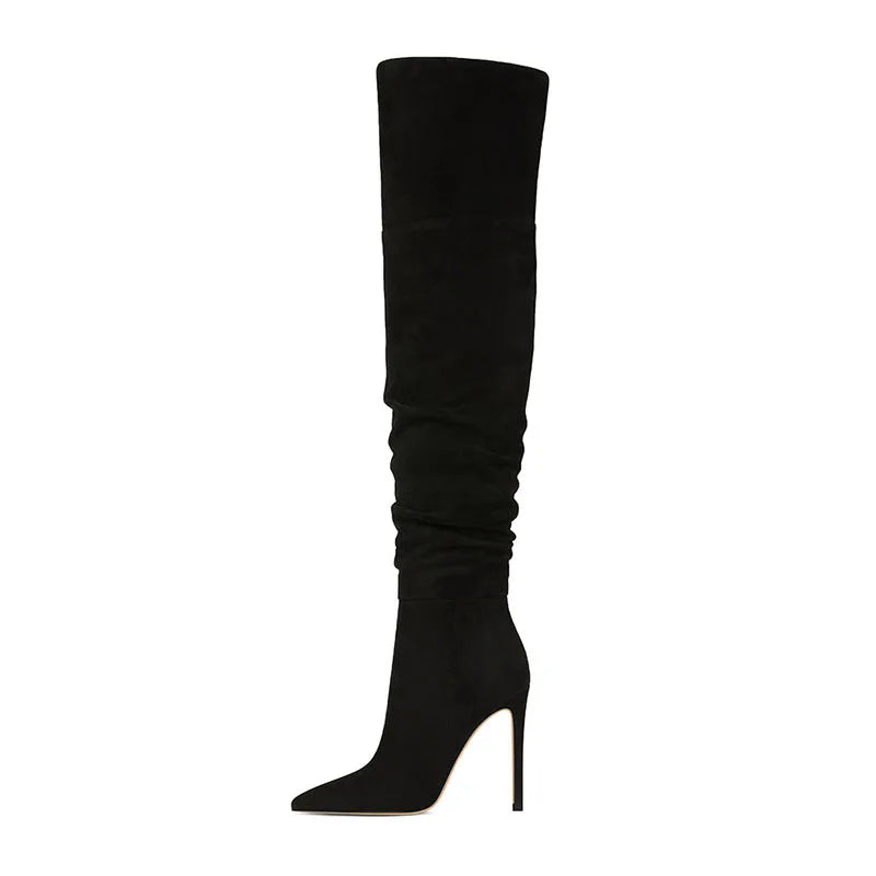 Women's Suede Thigh high boots Pointed toe Pleated Super high heel Side zipper black over the knee boots
