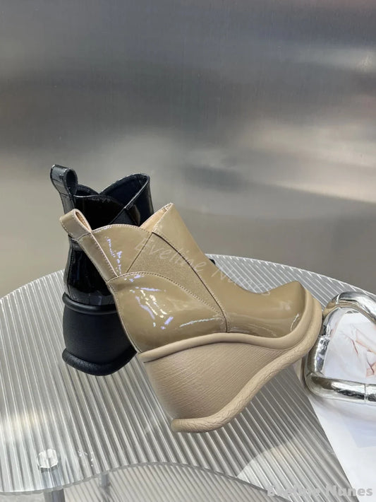 Height Increasing Wedges Ankle Boots Women Pointed Toe Platform Slip On Solid Leather Boots