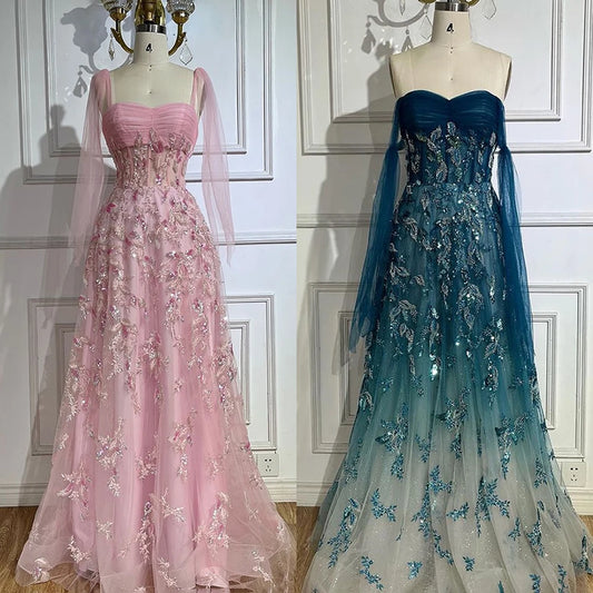 Floral Beaded Strapless A-Line Evening Dress – Floor-Length Tulle Gown