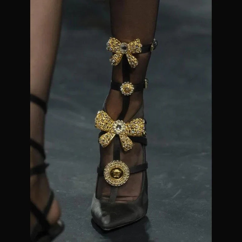 High Heels Women's Black Luxury Diamond Studded Butterfly Buckle Strap Sandals Sexy Pointed Thin Heels