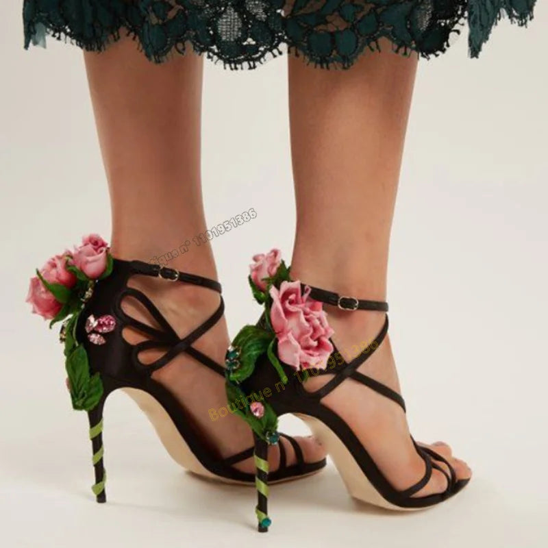 Back Rose Decor Hollow Sandals Wedding Shoes for Women Band Decor Fashion Twine Heel High Heels Shoes 2023 Zapatillas Mujer