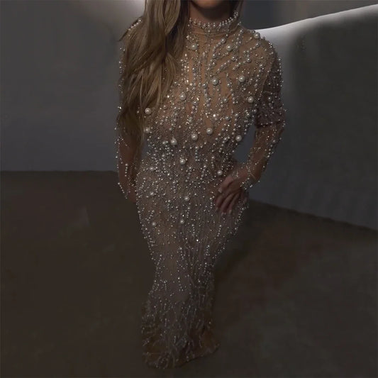 Elegant High Neck Empire Waist Beaded Floor-Length Tulle Long Sleeve Evening Dress