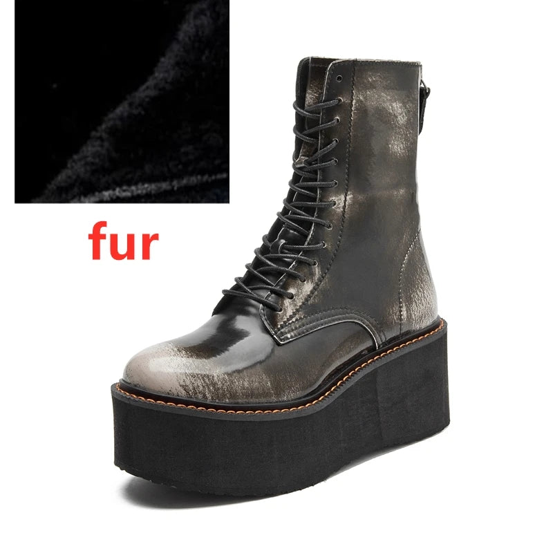 AIYUQI Women Ankle Boots Genuine Leather 2025 New Platform High Heel Short Boots Female Non-slip Large Size Women Winte Boots