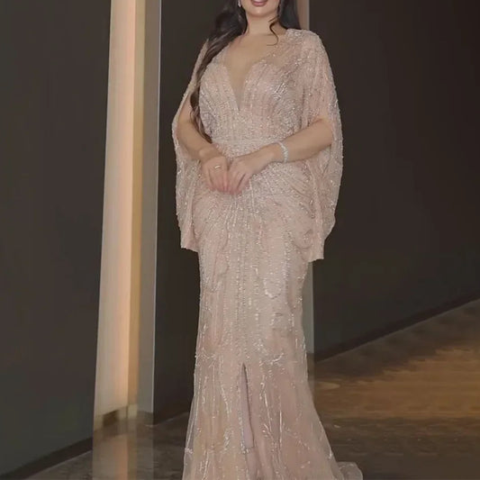 Beaded V-Neck Mermaid Evening Gown with Court Train – Elegant Sleeveless Tulle Dress