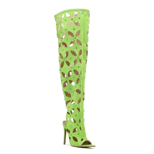 New Pointed Fish Mouth Summer Over Knee Women's Boots Hollow Water Diamond Zipper Long Boots 35-43 Super High Heel Sexy Boots