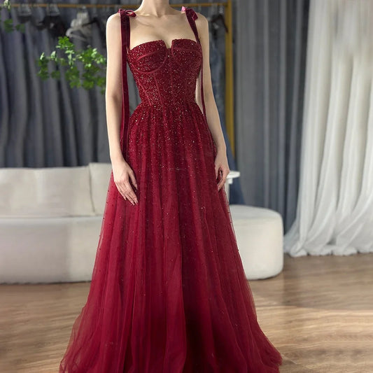 Backless Beaded A-Line Evening Dress – Floor-Length Spaghetti Strap Gown