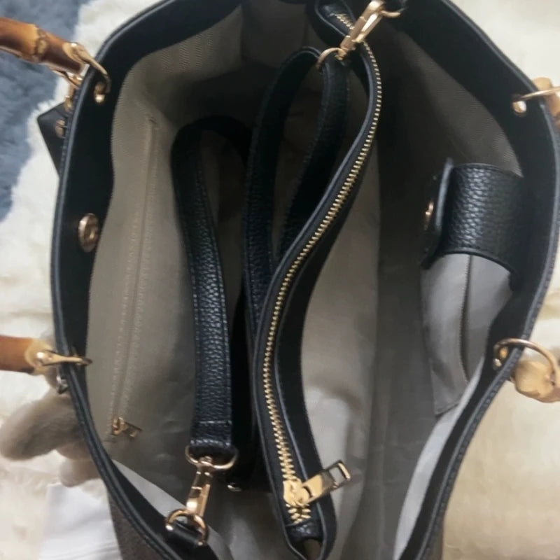 Large Capacity Black Tote Bag Women High Quality Soft Comfortable Leather Bamboo Handle Handbag Minimalist Fashion Female Bags