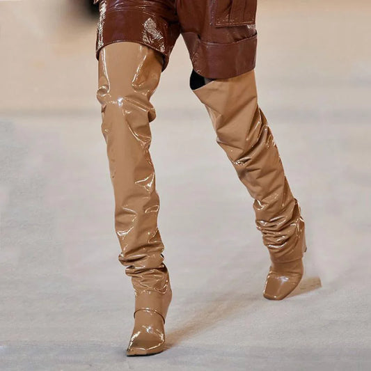 Tapered heel Over the knee boots Square-head Pleated Slip-on Super high heel Modern boots