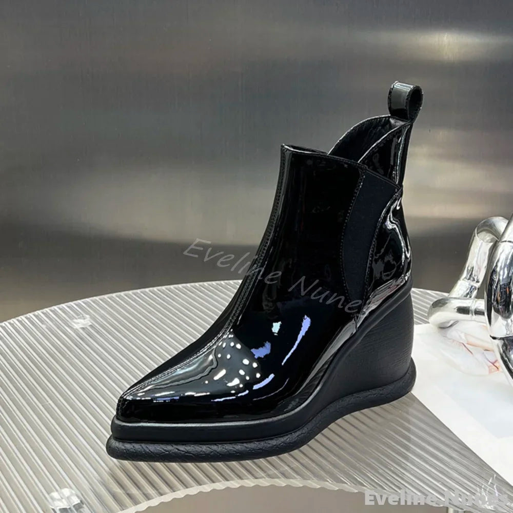Height Increasing Wedges Ankle Boots Women Pointed Toe Platform Slip On Solid Leather Boots