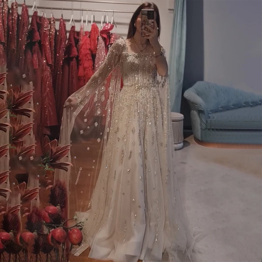 A-Line Evening Dress with Beading, Crystals & Tassels – Cap Sleeve Square Neck Gown with Court Train