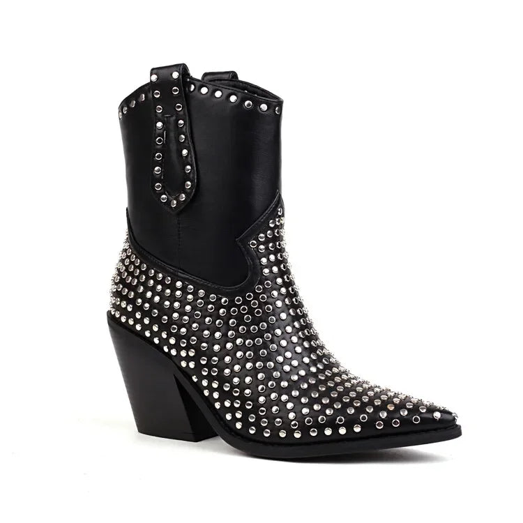 Rhinestone/Rivet Color Blocking Autumn Winter Thick Heel Black Chelsea Women Boots