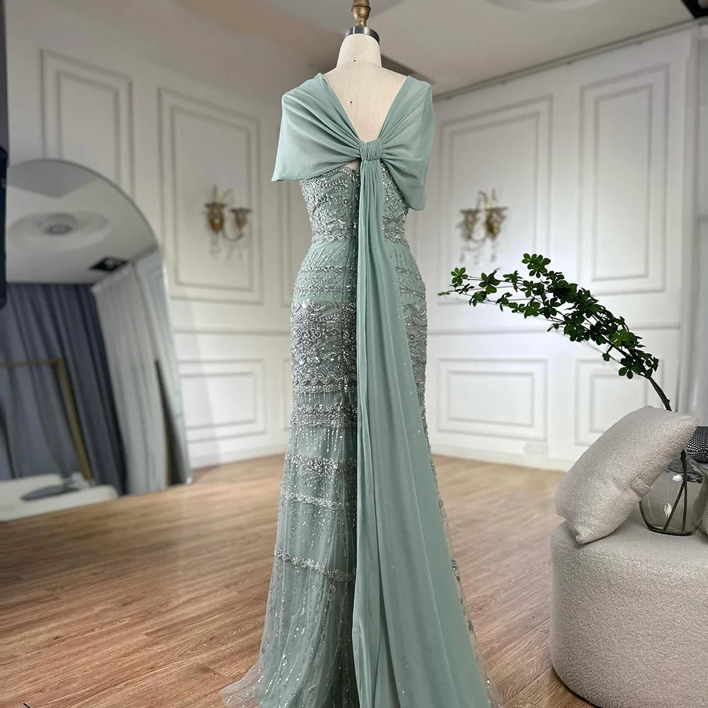 Saudi Arabic Sage Green Mermaid Beaded Evening Dress with Long Cape for Formal Occasion