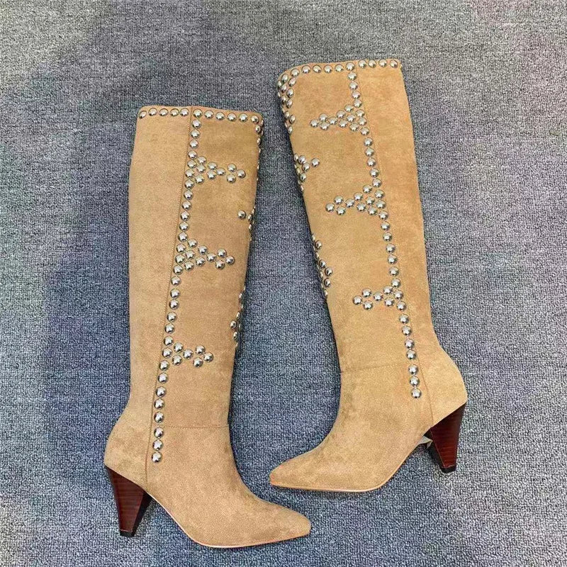 Rivet Inlaid Women's Knee High Boots Cowhide Suede Stage Show Ankle Boots Fashionable Sexy Autumn Winter Womans Shoes