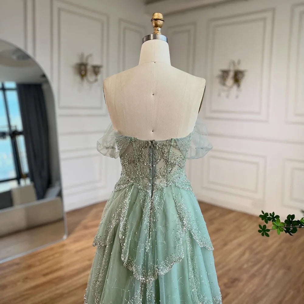 Off-the-Shoulder A-Line Evening Dress with Beading – Floor-Length Wedding Gown