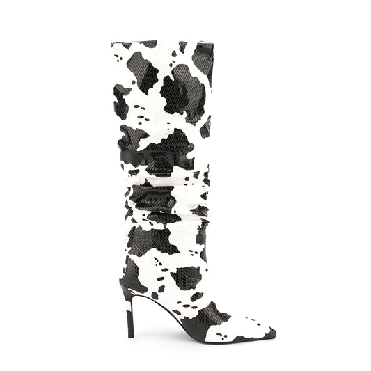 Cow grain Pointed toe Slip-on Super high heel Pleated Middle boots Mixed Colors Modern boots