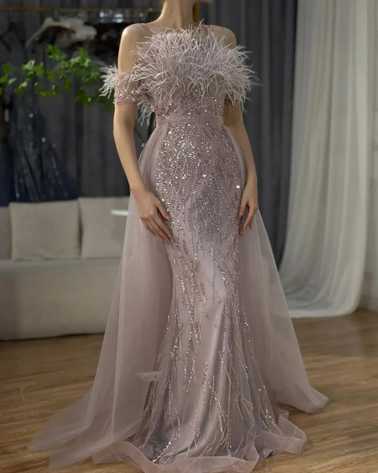 Women’s Feather Beaded Mermaid Evening Dress