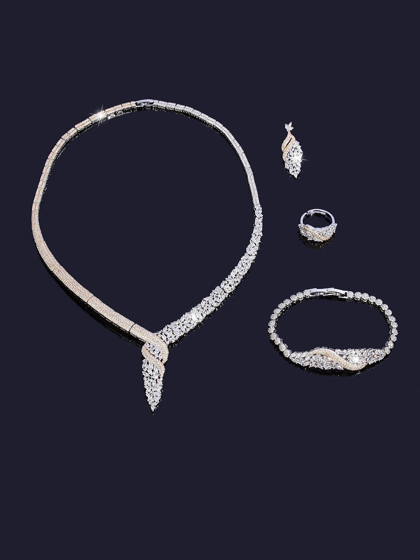 Two Color Zirconia For Women Party Luxury Dubai Necklace Bracelet Earringa Rings CZ Crystal Wedding Jewelry Sets