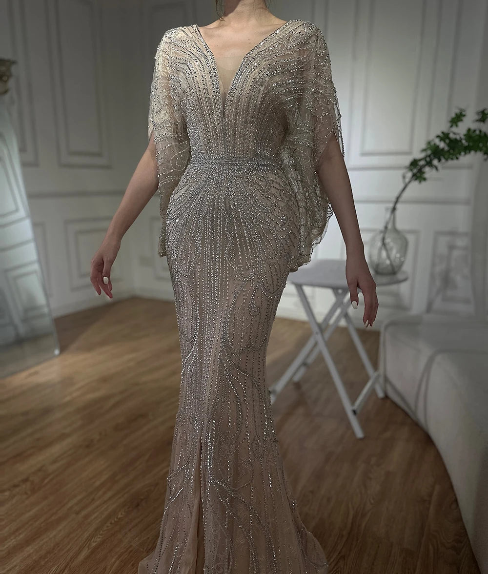 Beaded V-Neck Mermaid Evening Gown with Court Train – Elegant Sleeveless Tulle Dress