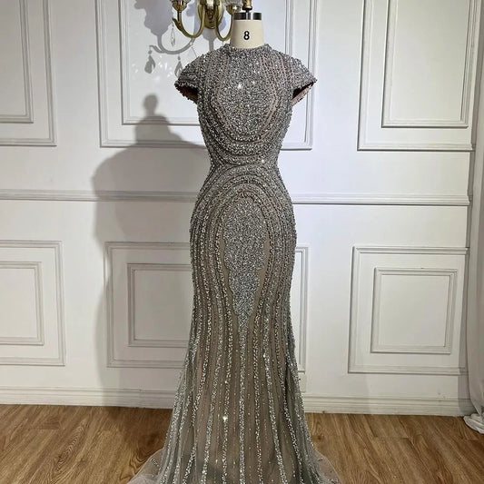 Elegant High Neck Beaded Mermaid Evening Dress – Sleeveless Formal Gown