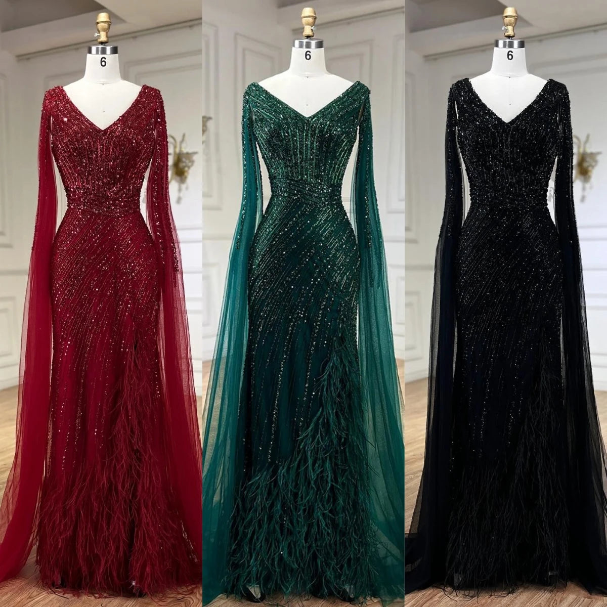 Women’s Beaded Feather V-Neck Mermaid Evening Dress