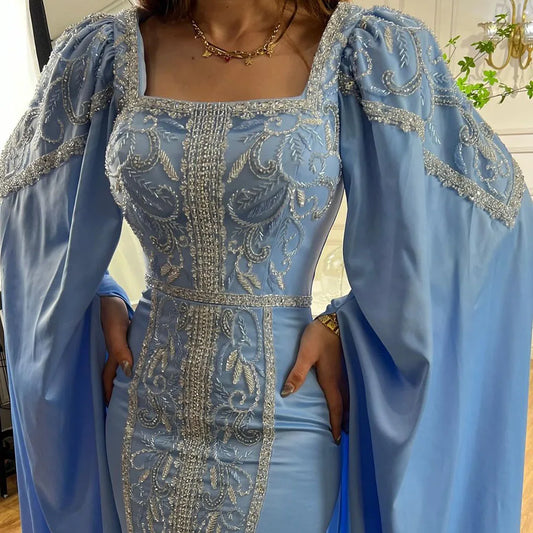 Blue Muslim Elegant Mermaid Cape Sleeves Evening Dresses