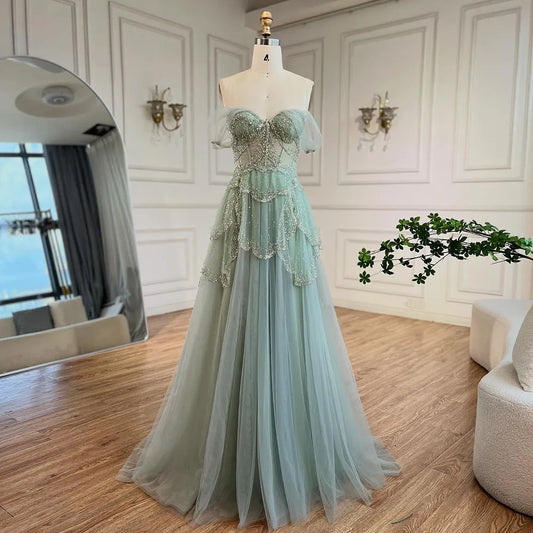 Off-the-Shoulder A-Line Evening Dress with Beading – Floor-Length Wedding Gown