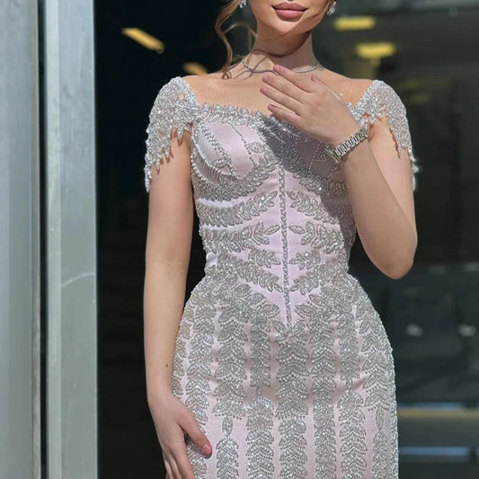 2025 Pink Elegant Mermaid Beaded Saudi Arabic Evening Dresses Gown For Formal Occasion