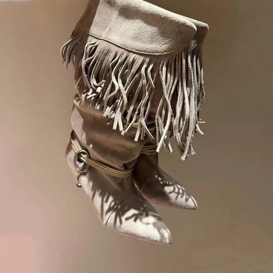 Arden Furtado 2025 Spring suede tassels Mid-Calf boots Pointed toe Turned-over Edge Middle heel Large tubular boots cowboy boots