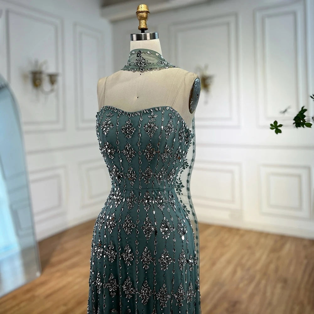 Strapless Mermaid Evening Dress with Beading – Floor-Length Tulle Gown with Court Train