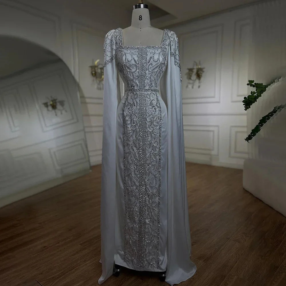 Blue Muslim Elegant Mermaid Cape Sleeves Evening Dresses