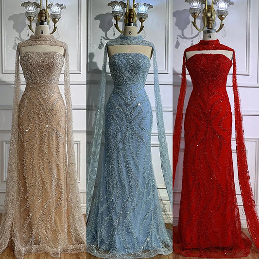 Strapless Mermaid Evening Dress with Abstract Beading – Floor-Length Gown with Court Train