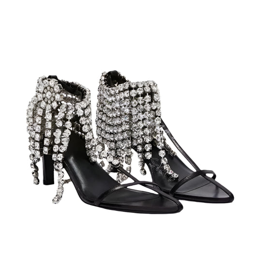 Crystal Tassels Black Hollow Design Sandals Buckle Strap Women Shoes Thin High Heels Pointed Toe