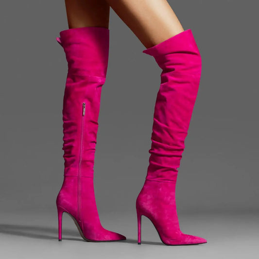 Women's Suede Thigh high boots Pointed toe Pleated Super high heel Side zipper black over the knee boots