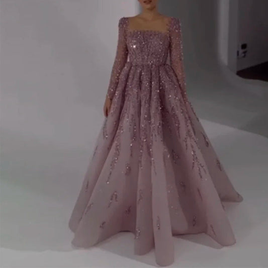 Square Neck A-Line Evening Dress with Beading – Long Sleeve Wedding Party Gown