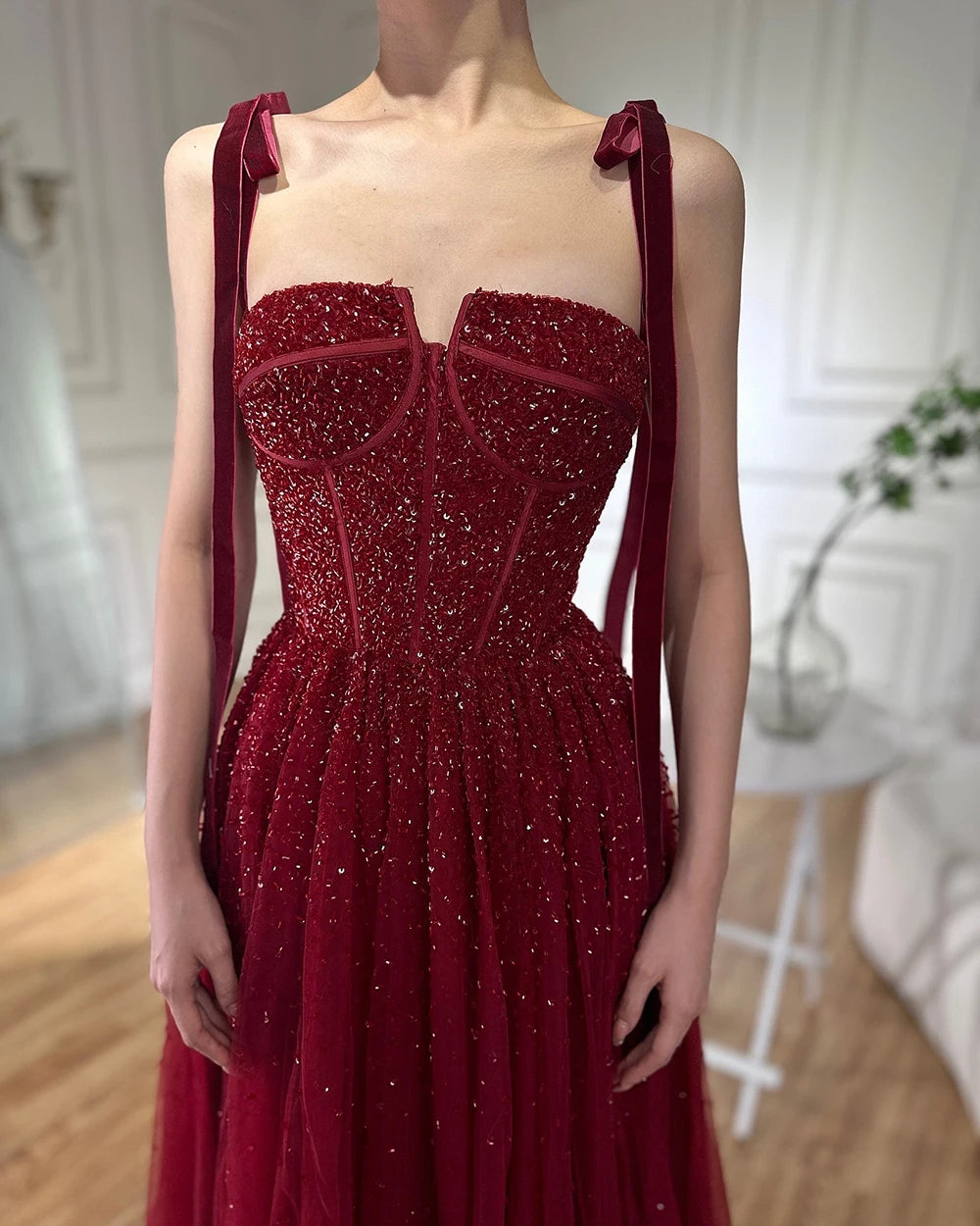 Backless Beaded A-Line Evening Dress – Floor-Length Spaghetti Strap Gown