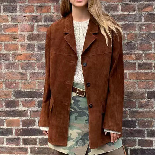 Vintage Brown Kid Suede Jacket for Women High Sense Loose Oversized Leather Suit