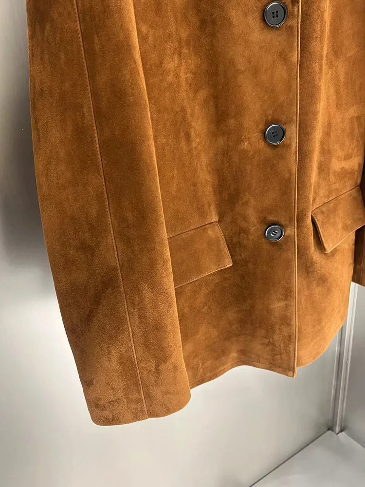 Vintage Brown Kid Suede Jacket for Women High Sense Loose Oversized Leather Suit