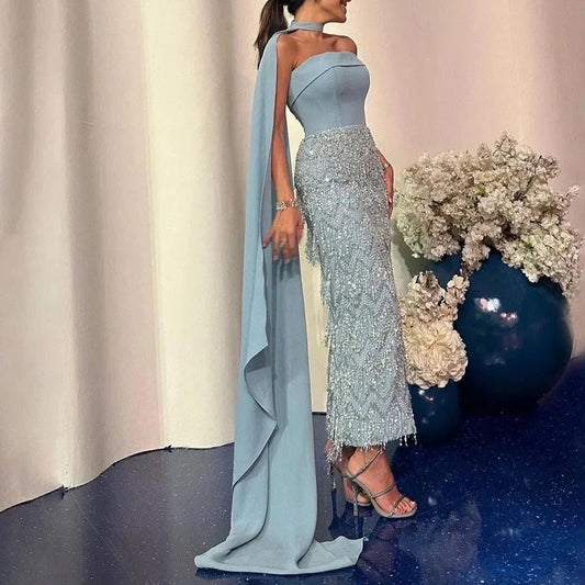 Ankle - Length Mermaid Dress with Long Cloak - A Beaded Ensemble for Women - LiveTrendsX