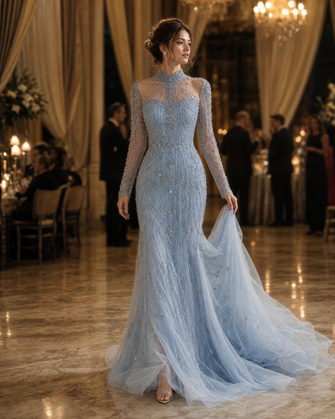 Azure Aria Beaded Lace Gown
