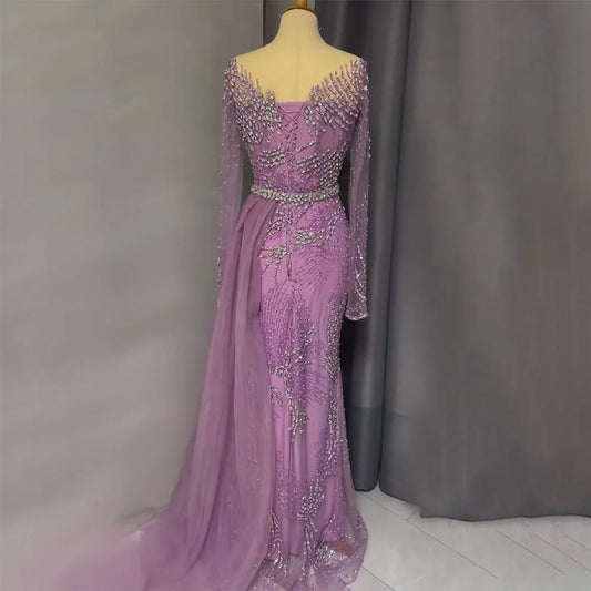 Beaded Purple Mermaid Evening Dress Featuring a Removable Overskirt - LiveTrendsX