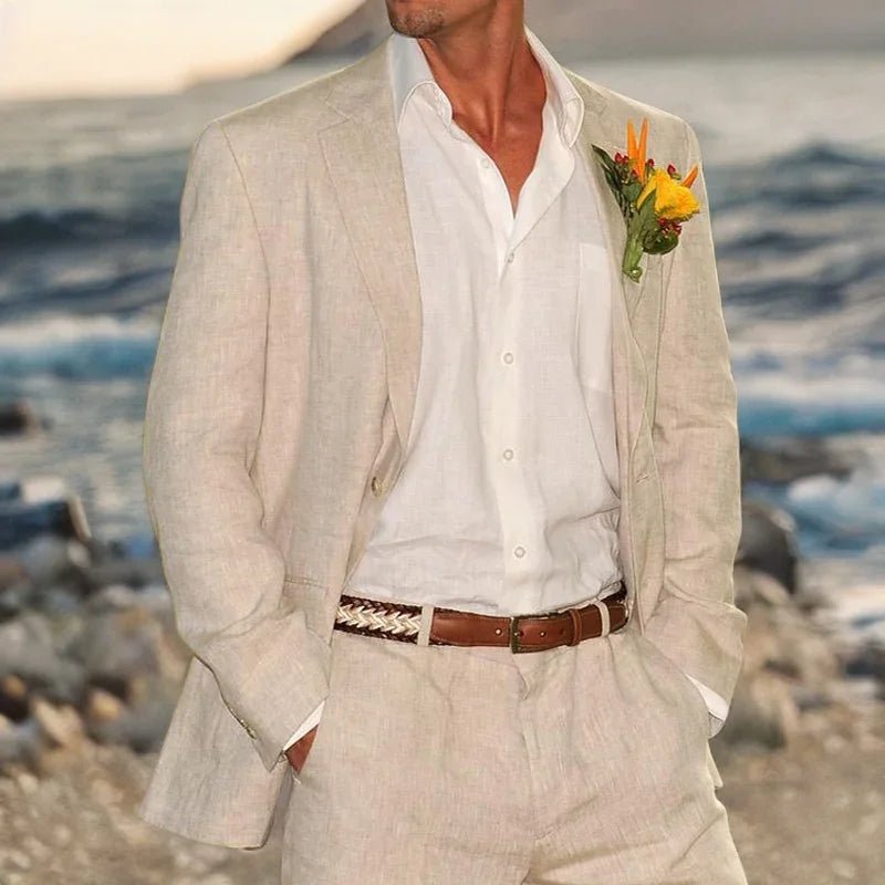 Beige Linen Wedding Suits For Men Beach - LiveTrendsX